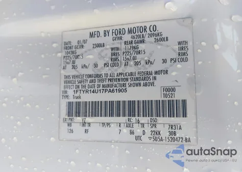 2007 Ford Ranger Sport/Stx/Xl/Xlt из США, поврежденный, VIN 1FTYR14U17PA61905